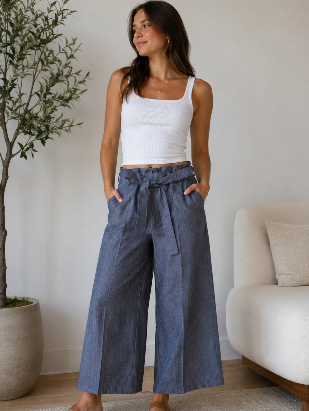 Valia Grey Herringbone Wide Leg Tie Waist Capri Dress Pant Trousers Size 13